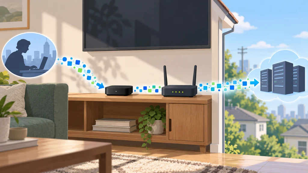 家庭の棚に置かれた汎用ストリーミング機器とWi-Fiルーターを通じ、外部からの通信を家庭回線経由で遠隔サーバーへ中継する仕組みを描いたイラスト。