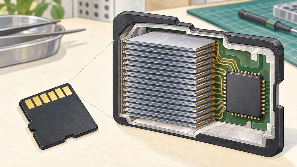 作業台に置かれた無印のmicroSDカードと、その内部を拡大したイラスト。16枚の薄いメモリーダイが積層され、隣にコントローラーが配置されている。