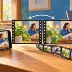 スマートフォンで撮影した映像の焦点位置を編集時に切り替え、フィルムに書き出す流れを描いたイラスト