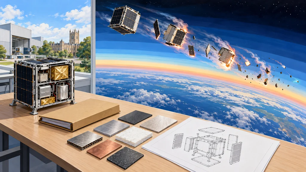 分解した無銘の小型宇宙機と素材見本・設計図を載せた机を手前に、上層大気へ再突入して素材を放出する宇宙機の様子を描いた編集イラスト。