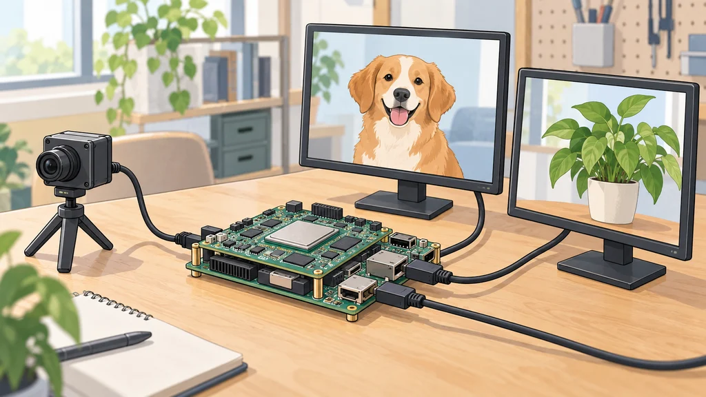 カメラ、汎用評価ボード、独立した2台のディスプレイをケーブルでつないだ明るい編集イラスト。ボード上のMPUがカメラ映像の端末内処理と2画面出力を担う構成を示す。