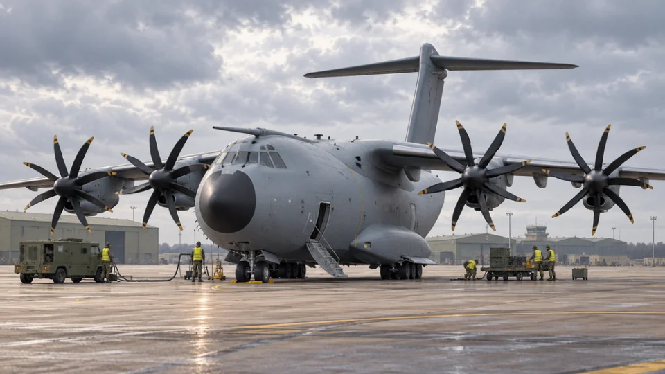 英空軍のA400M Atlas輸送機を地上要員が整備する様子