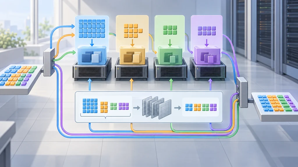 Expertごとの異なるトークン数をGrouped GEMMで処理し、GPU間で送受信するMoE学習の図解。