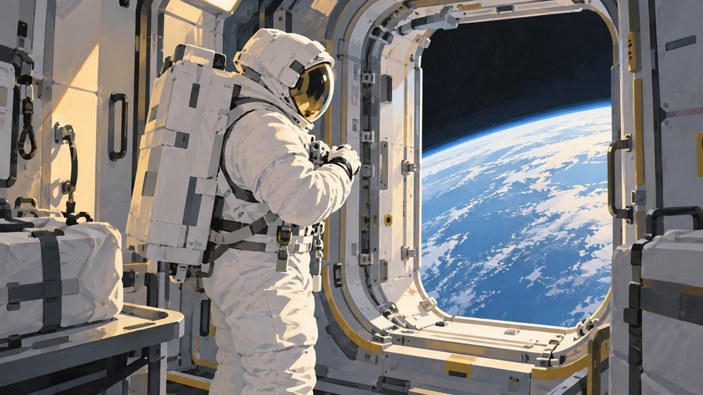 Astronauts preparing for off-shore activities on the airlock of the spacecraft