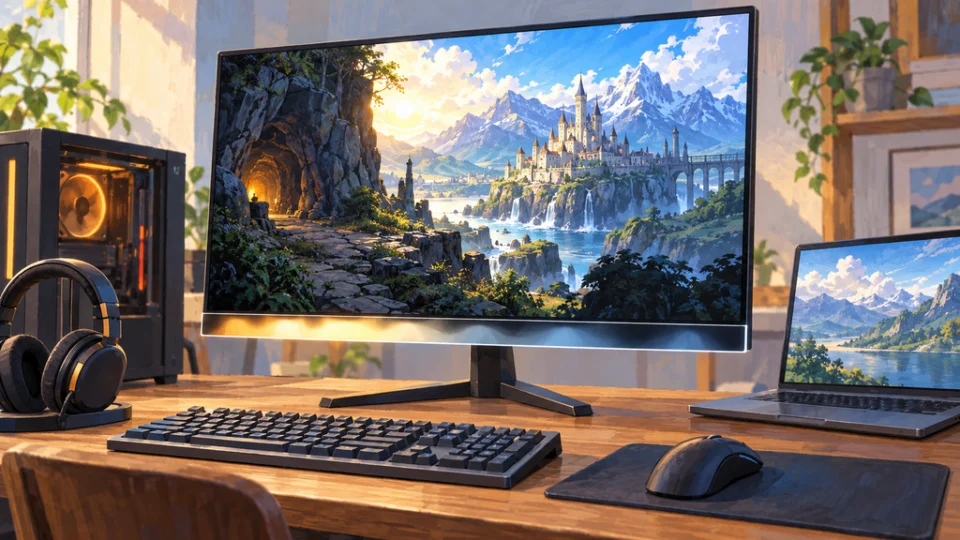 明暗のあるゲーム風景を表示したモニターの下辺に光の帯を添え、机上のPC、ノートPC、キーボード、マウス、ヘッドセットとともに描いた編集イラスト。