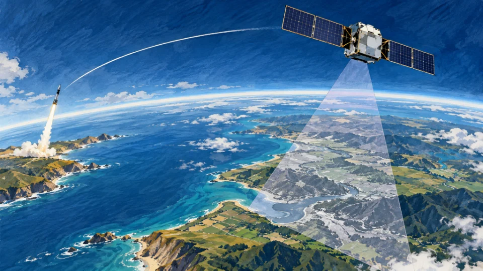 地球の上空を飛ぶSAR観測衛星が地表を走査し、遠方ではElectronロケットが海岸から上昇する編集イラスト