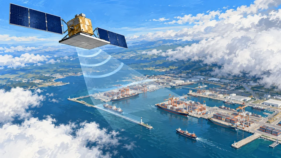 雲の切れ間から港湾を観測する小型レーダー衛星。衛星から港へ複数の電波パルスが広がり、コンテナ埠頭や貨物船を含む観測範囲を示す編集イラスト。
