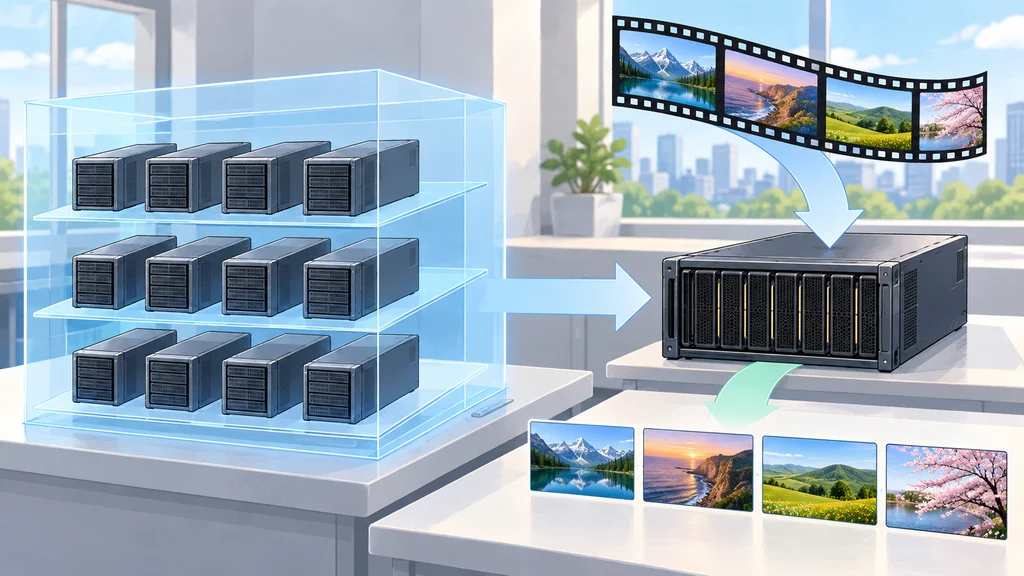 半透明のデジタルツイン内に並ぶ仮想サーバーノードと、動画を解析して検索結果を返す別置きのGPUサーバーを描いた編集イラスト。