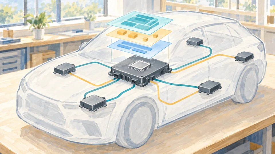 明るい作業台の上に描かれた半透明の車体模式図。中央のメインECUと、車体各所に配置した複数のゾーンECUが配線で結ばれ、その上にOS・ミドルウェア・車両制御ソフトウェアを表す層が重なる。