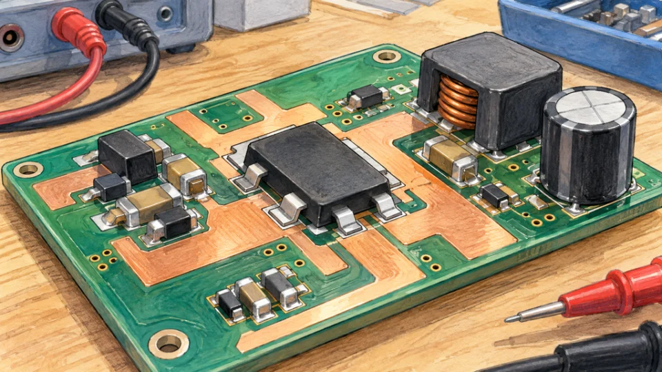 明るい作業台に置かれた電源評価基板。銅色の配線パターンと受動部品に囲まれた汎用トランジスタが、MOSFET互換の基板レイアウトに実装されている。