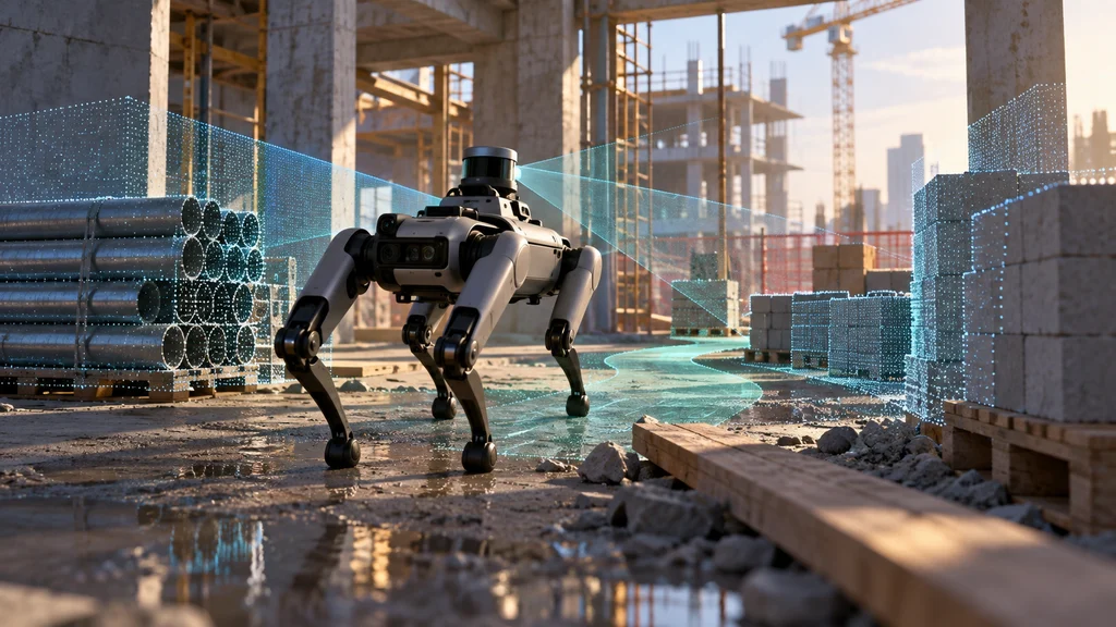 建設現場を周囲の形状を認識しながら進む四足歩行ロボットのAI生成画像