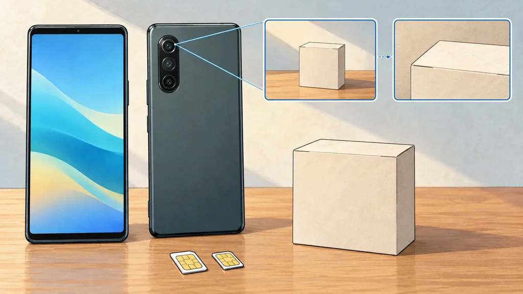 紙製パッケージと2枚のSIMカードのそばに置かれたスマートフォン。背面カメラから伸びる図解線が、同じ箱を広く写した画角と寄って写した画角を示している。