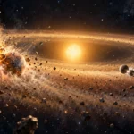 恒星を取り巻く温かい塵の円盤の中で、火星サイズの天体同士の大規模衝突と月サイズの天体同士のかすめる衝突を対比した編集イラスト