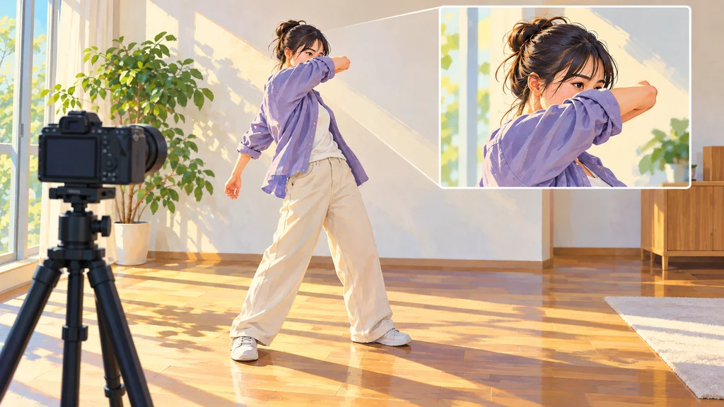 三脚に固定したミラーレスカメラが、腕で顔を隠した人物を撮影する場面。右上の inset に人物を拡大した切り出し構図を描く。