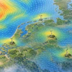 地上観測地点周辺で風速場が補正される欧州の気象予測図